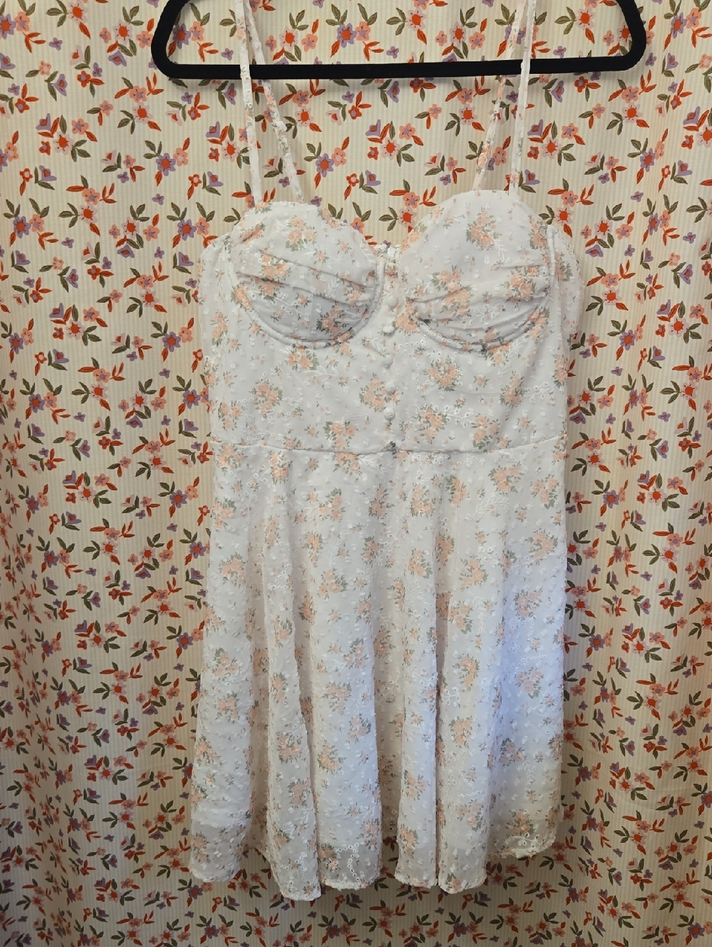 Windsor Lace Floral Mini Dress White Peach Smocked Back Women’s L